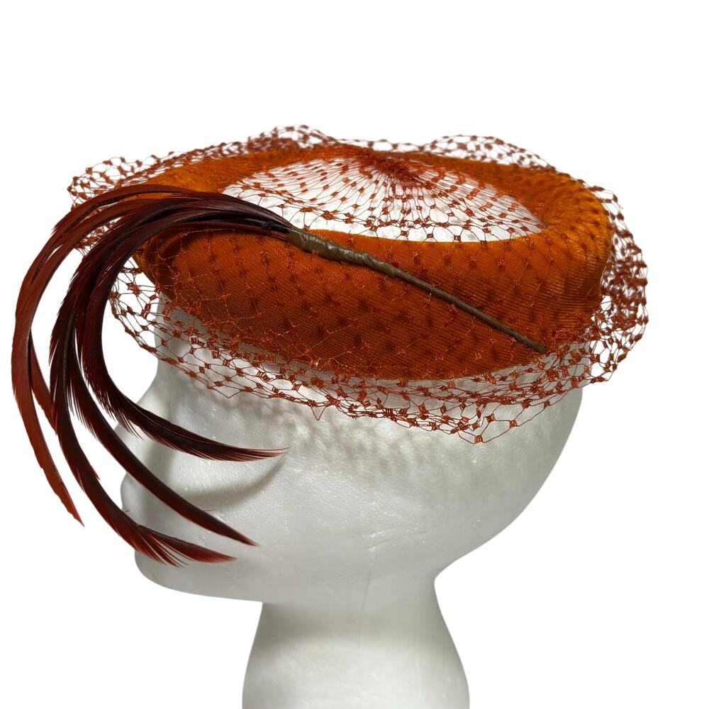 Vintage Fascinator Hat burnt orange netting & feathers velour halo headpiece
